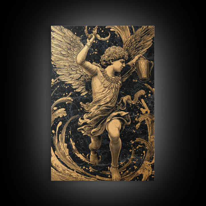 Winged Angel With Water Vessel, Canvas Gold Canvas Print, Mythology Inspired Artwork, Ancient Classical Decor, Real Wood Frame