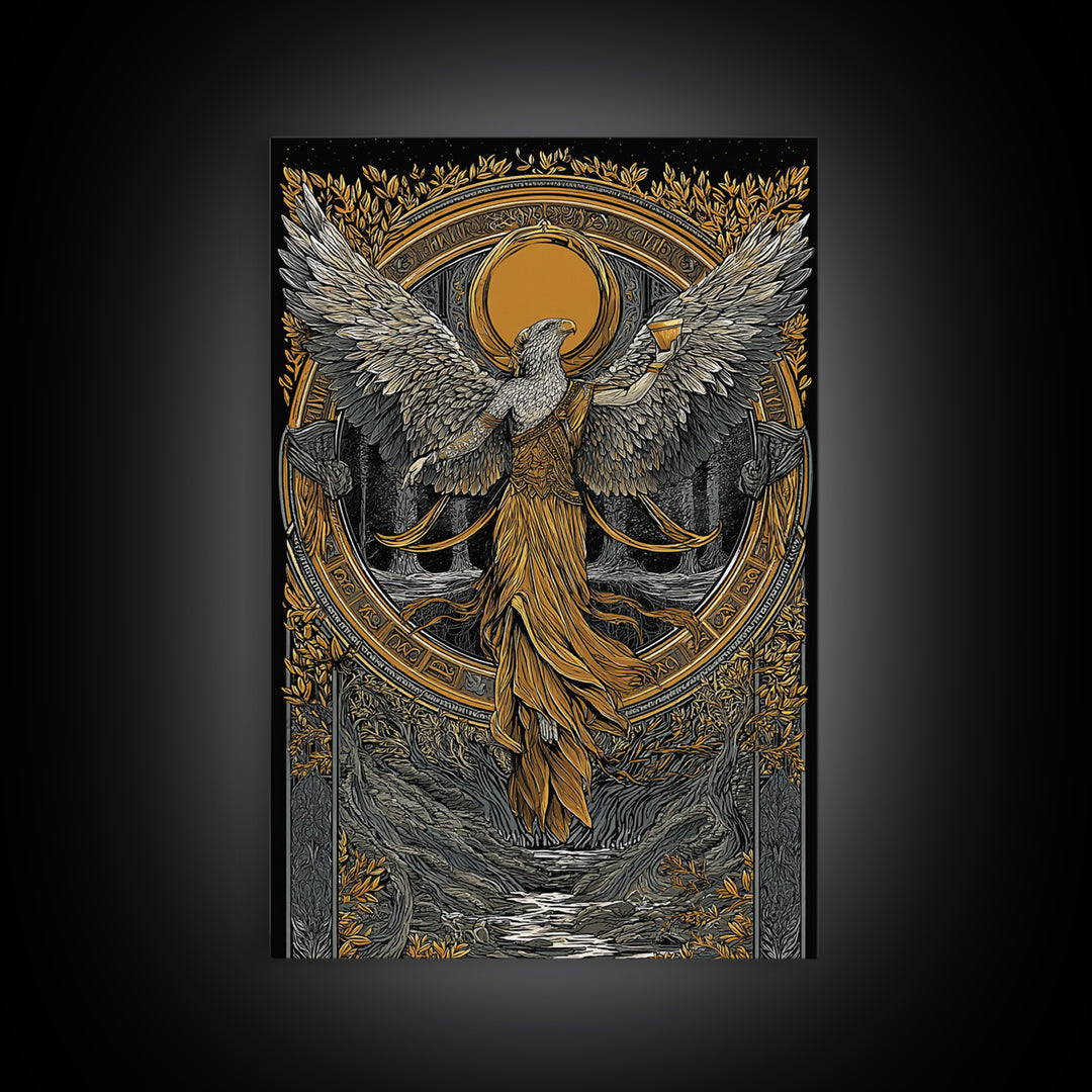 Eagle Headed Deity Holding Chalice, Canvas Gold Art, Mythology Inspired Wall Print, Ancient Symbol Artwork, Real Wood Frame