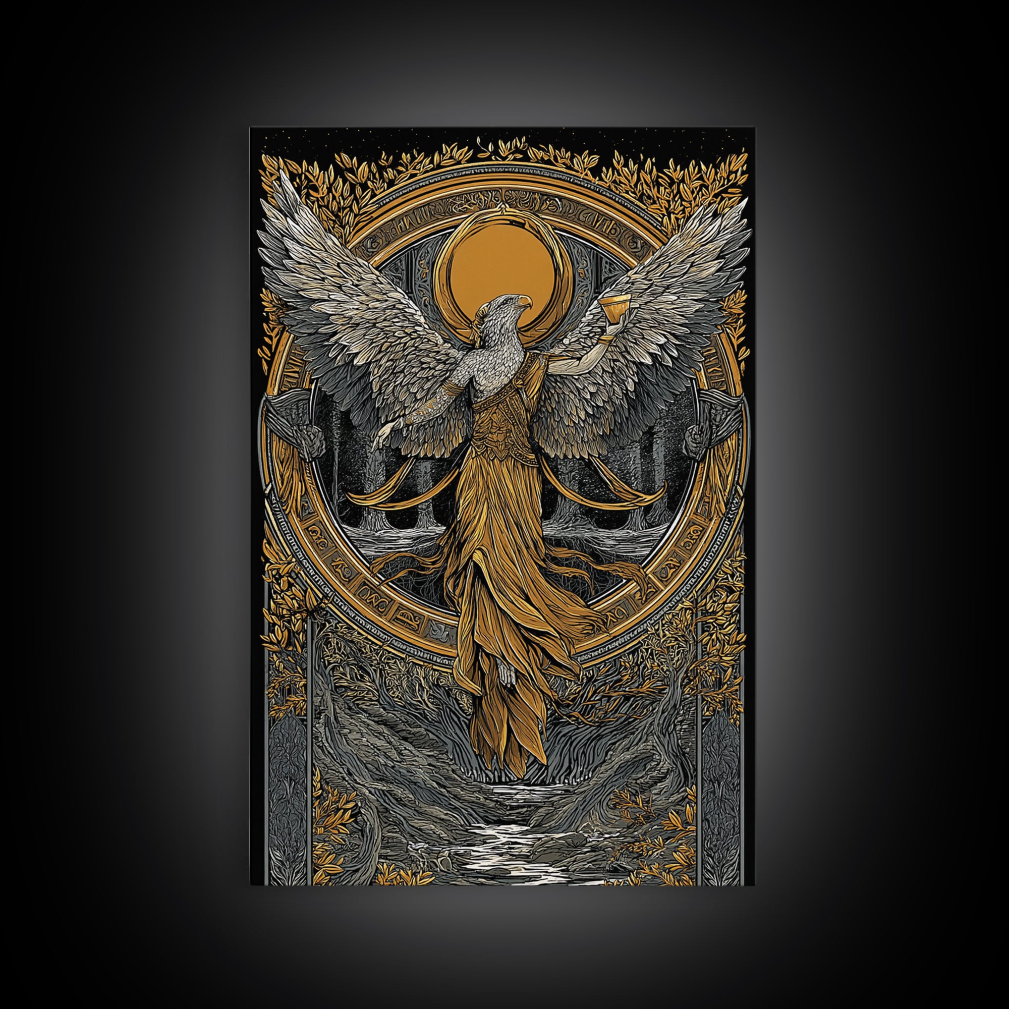 Eagle Headed Deity Holding Chalice, Canvas Gold Art, Mythology Inspired Wall Print, Ancient Symbol Artwork, Real Wood Frame