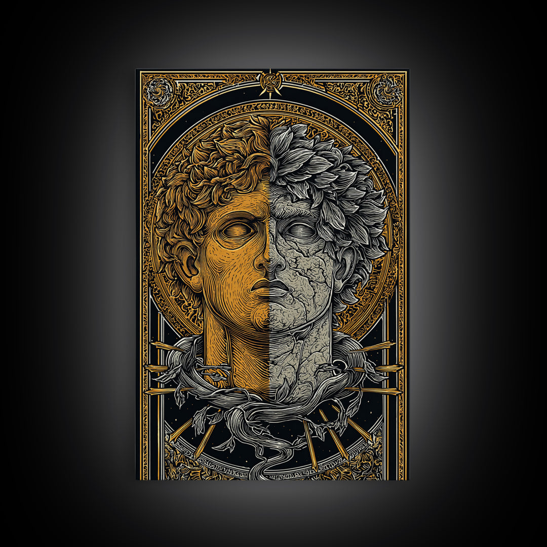 Dual Faced Mythological Bust, Canvas Gold Canvas Print, Ancient Symbolic Artwork, Mythology Inspired Wall Decor, Real Wood Frame