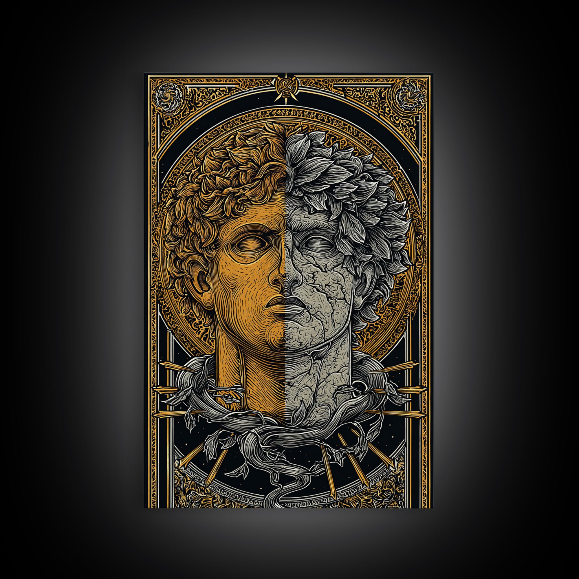 Dual Faced Mythological Bust, Canvas Gold Canvas Print, Ancient Symbolic Artwork, Mythology Inspired Wall Decor, Real Wood Frame