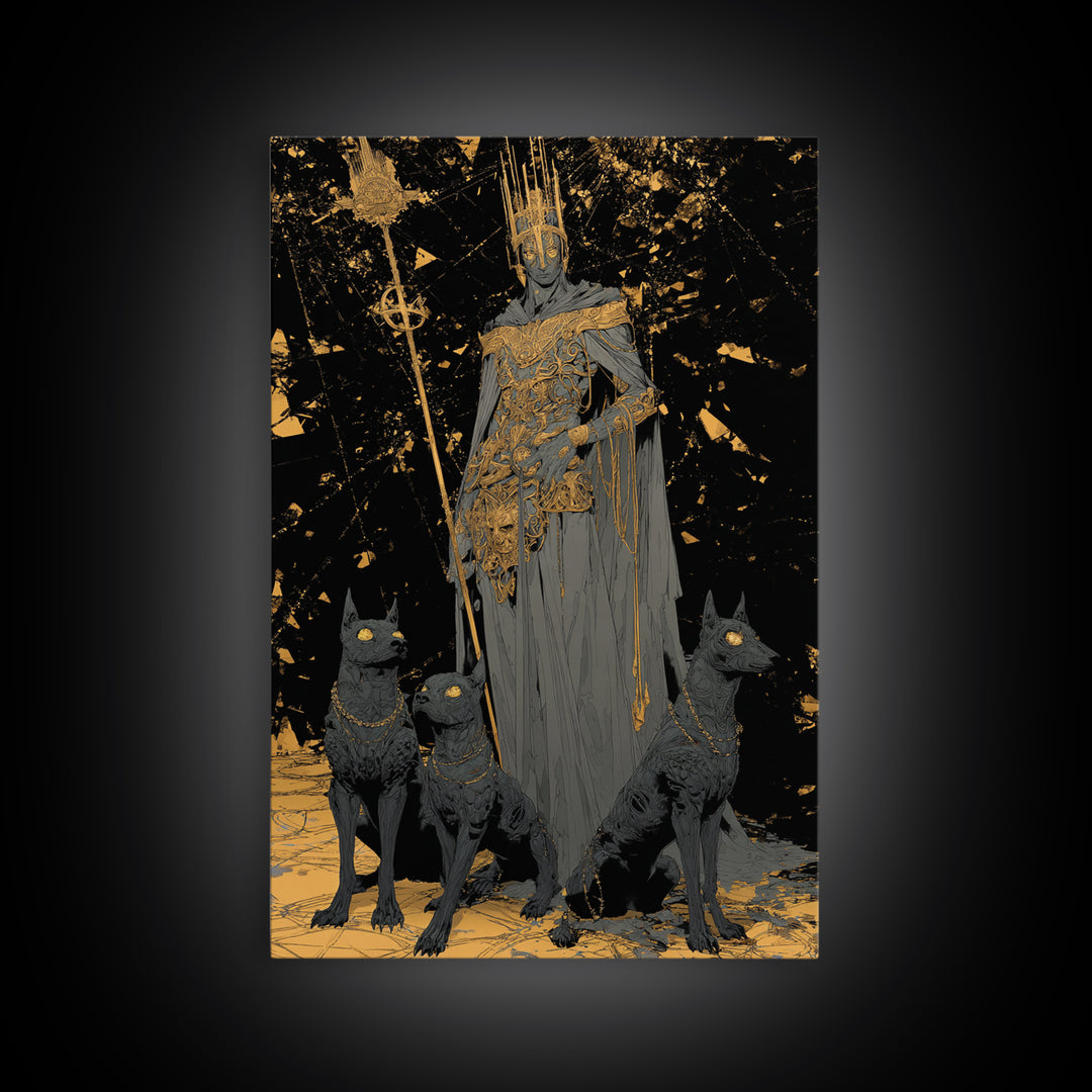 Dark King With Hounds, Canvas Gold Art, Mythology Inspired Canvas Print, Ancient Underworld Wall Artwork, Real Wood Frame