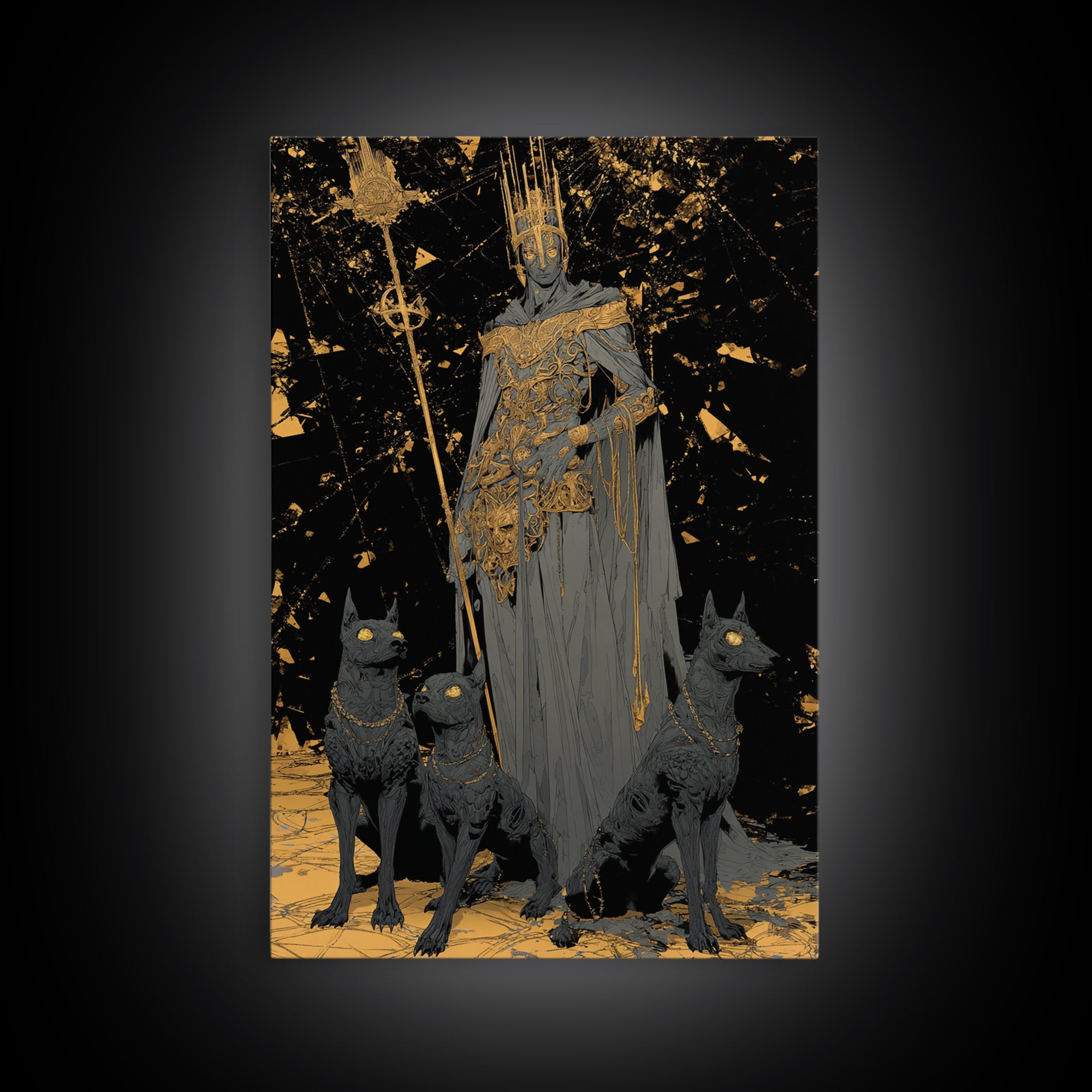 Dark King With Hounds, Canvas Gold Art, Mythology Inspired Canvas Print, Ancient Underworld Wall Artwork, Real Wood Frame