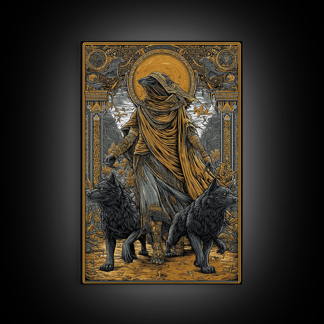 Hooded Deity With Wolves, Canvas Gold Canvas Print, Mythology Inspired Artwork, Ancient Symbolic Wall Decor, Real Wood Frame