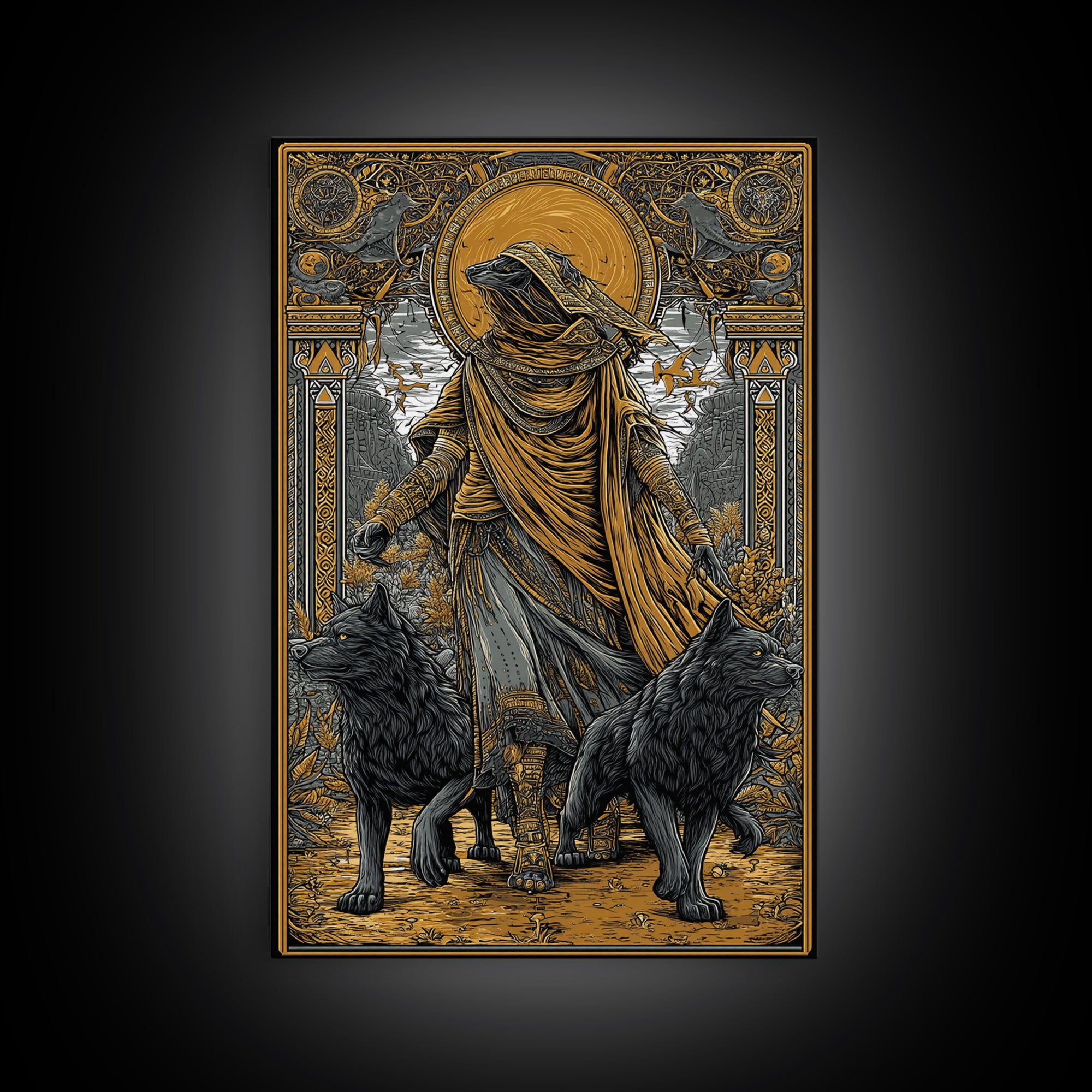 Hooded Deity With Wolves, Canvas Gold Canvas Print, Mythology Inspired Artwork, Ancient Symbolic Wall Decor, Real Wood Frame