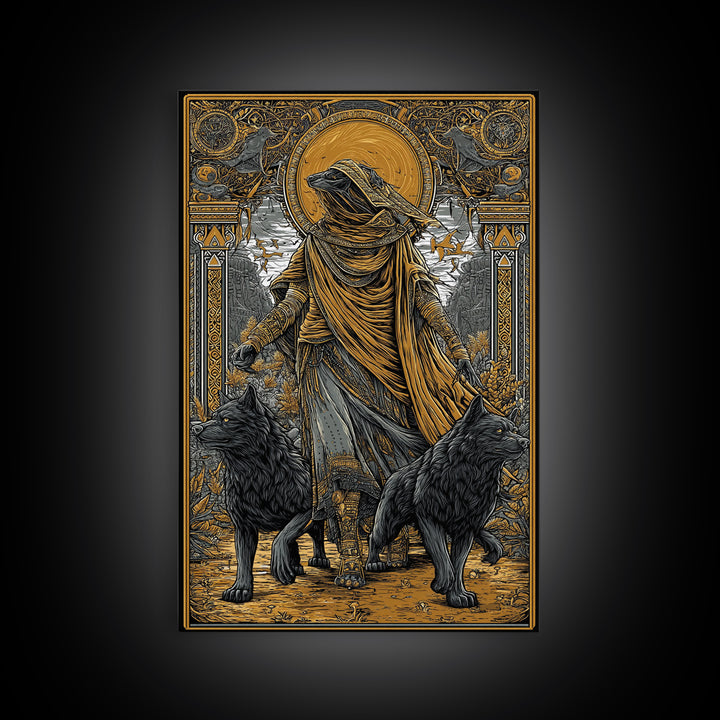 Hooded Deity With Wolves, Canvas Gold Canvas Print, Mythology Inspired Artwork, Ancient Symbolic Wall Decor, Real Wood Frame