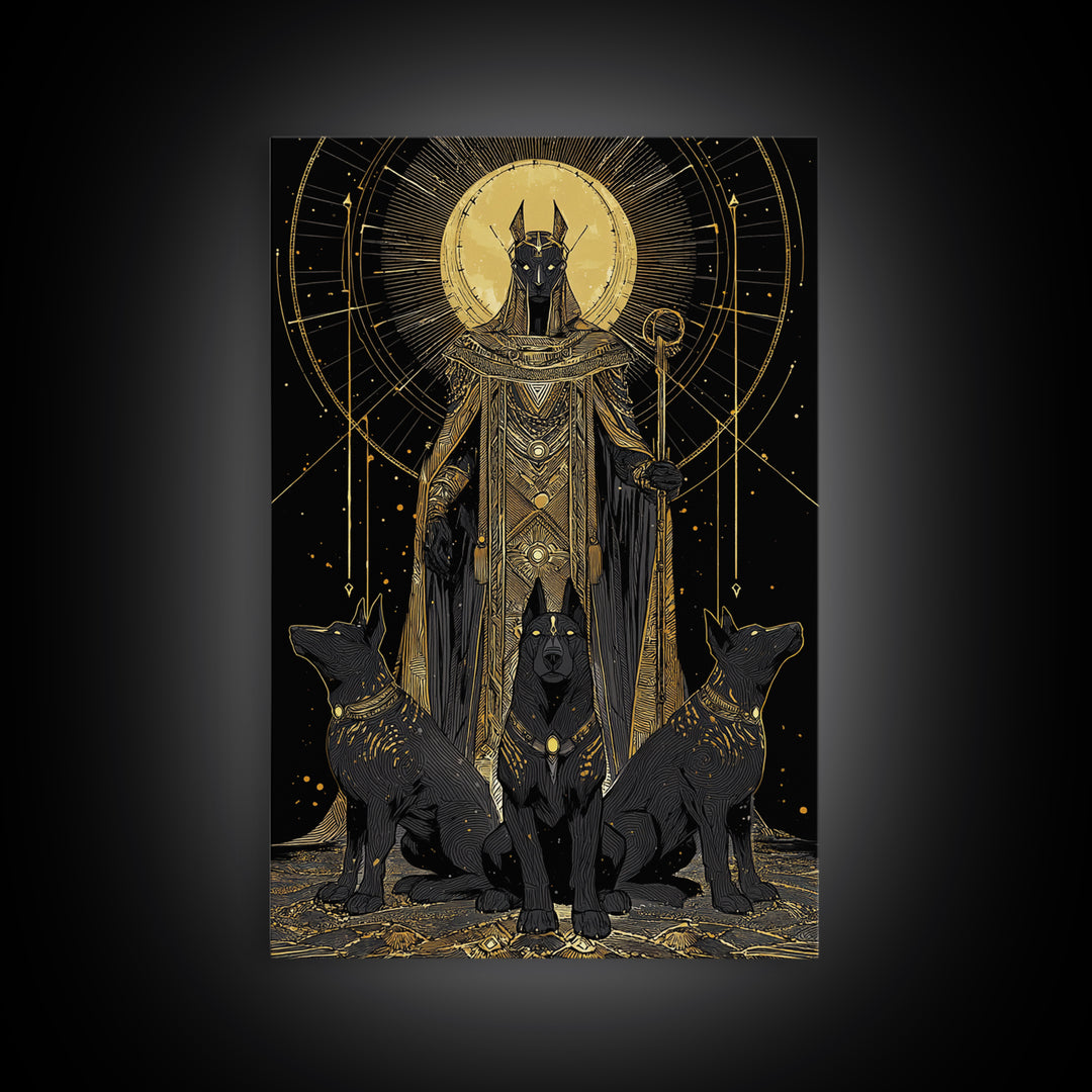 Anubis With Sacred Hounds, Canvas Gold Art, Mythology Inspired Canvas Print, Egyptian God Wall Artwork, Real Wood Frame