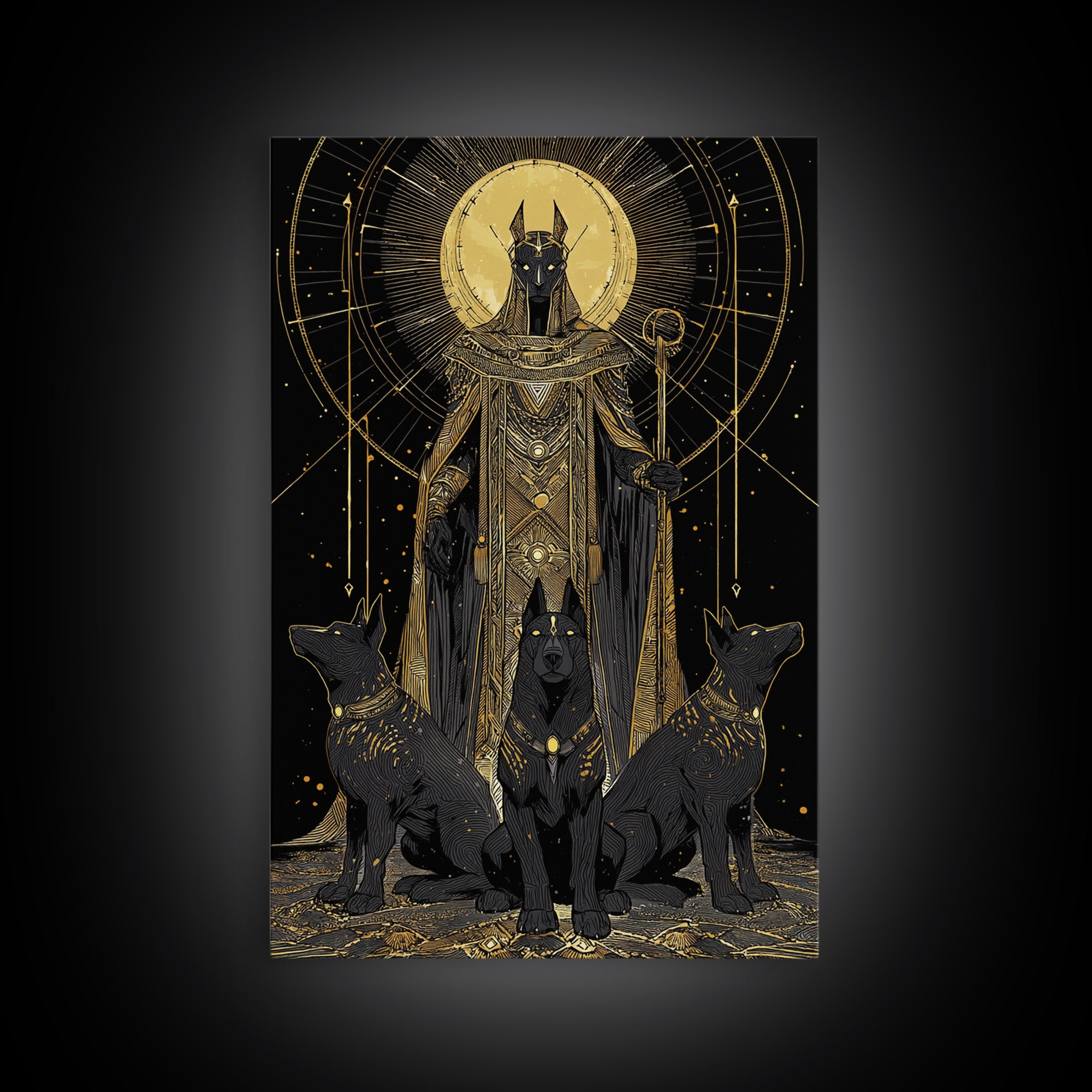 Anubis With Sacred Hounds, Canvas Gold Art, Mythology Inspired Canvas Print, Egyptian God Wall Artwork, Real Wood Frame