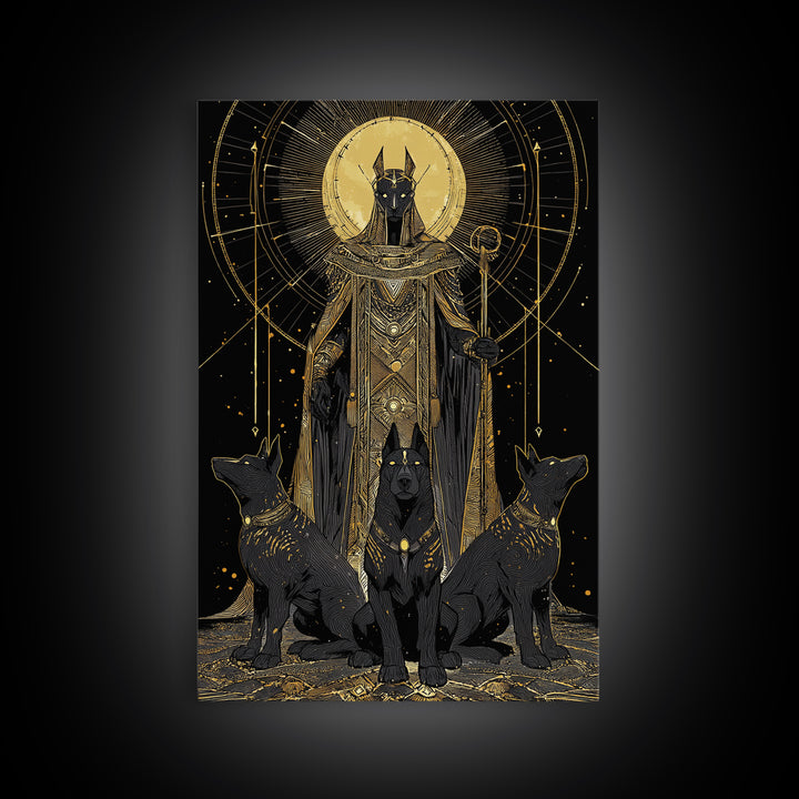Anubis With Sacred Hounds, Canvas Gold Art, Mythology Inspired Canvas Print, Egyptian God Wall Artwork, Real Wood Frame