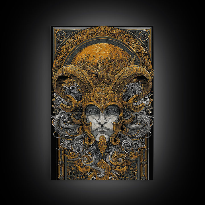 Mythical Horned Warrior Canvas Gold Canvas Print, Intricate Greek God Art, Luxury Wall Decor, Real Wood Frame Artwork