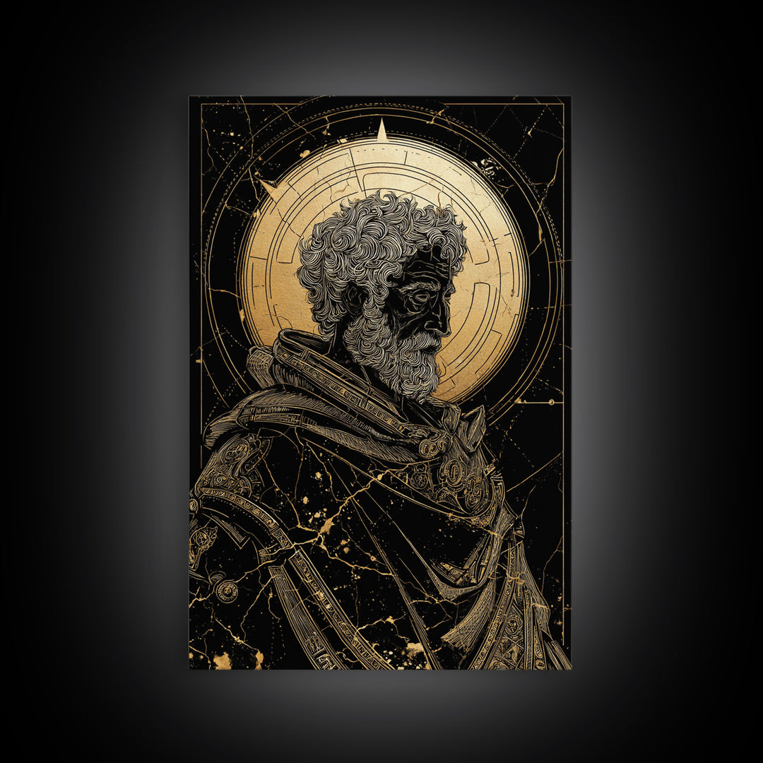 Ancient Philosopher Bust Canvas Gold Canvas Print, Greek Portrait Wall Art, Regal Mythology Decor, Real Wood Frame