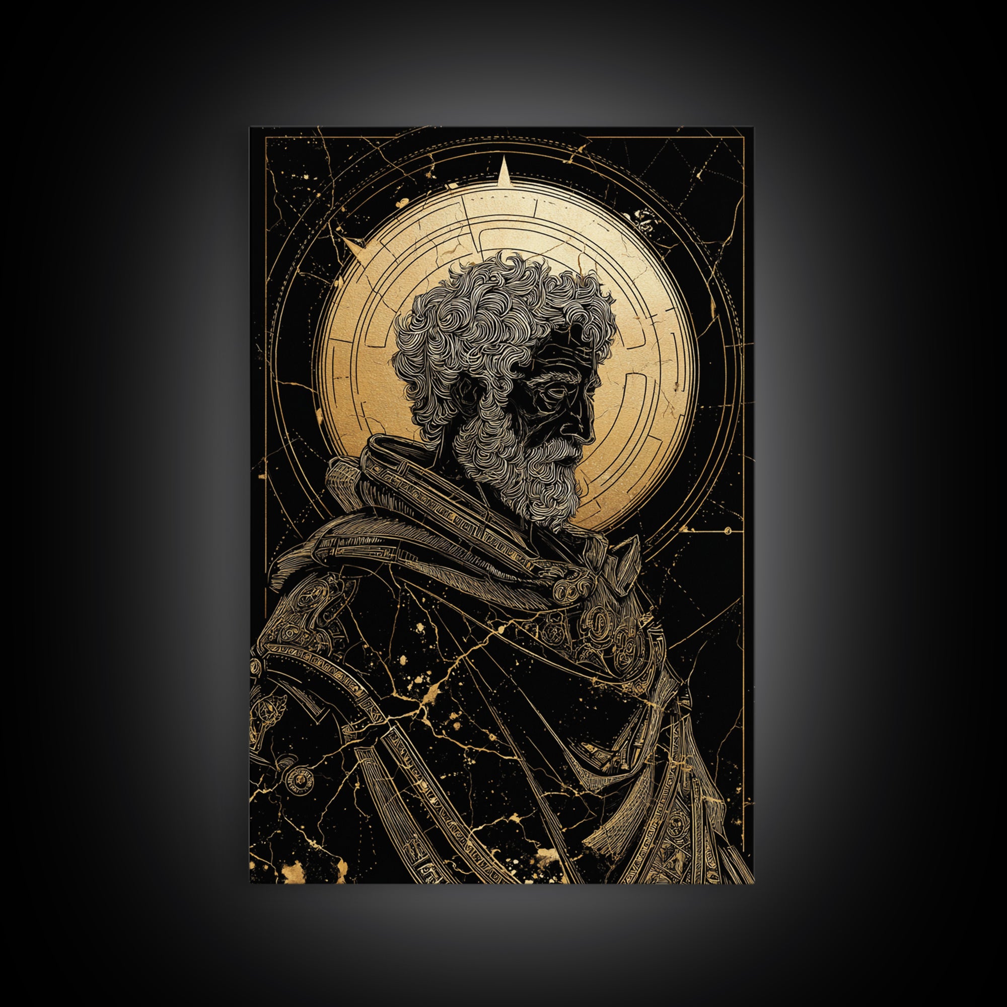 Ancient Philosopher Bust Canvas Gold Canvas Print, Greek Portrait Wall Art, Regal Mythology Decor, Real Wood Frame