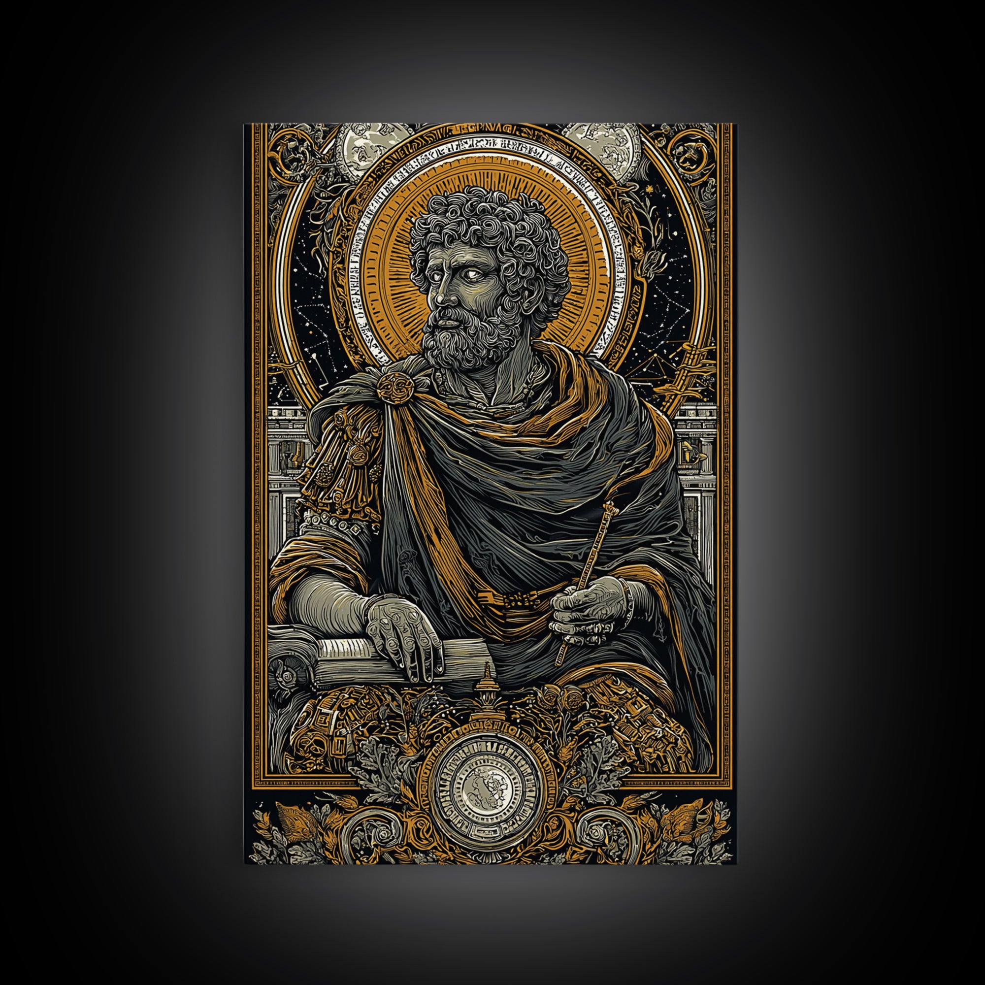 Roman Emperor Study Canvas Gold Canvas Print, Classical Greek God Art, Luxurious Mythology Wall Decor, Real Wood Frame