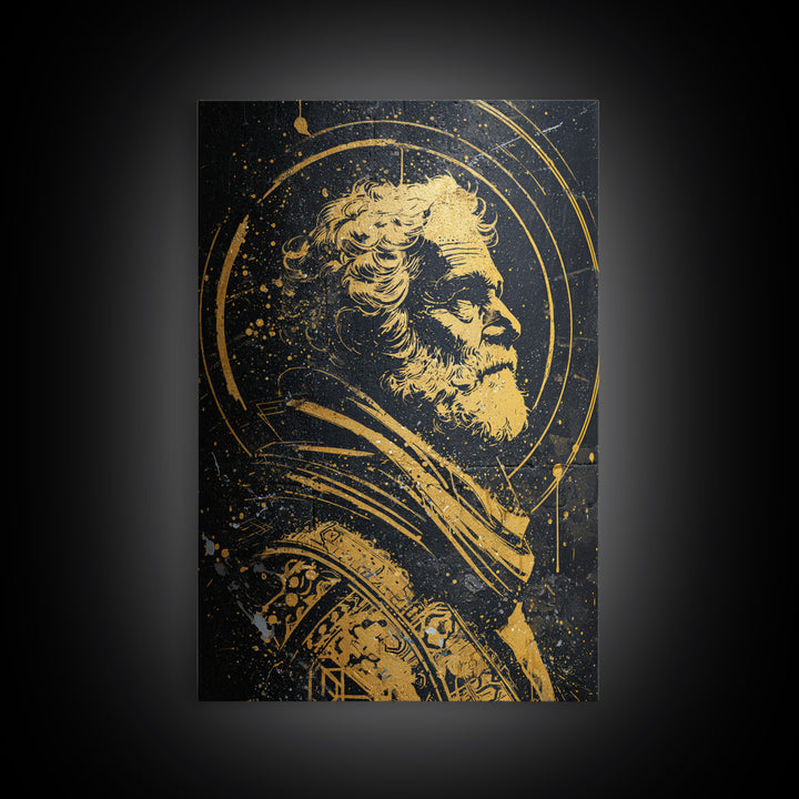 Stoic Elder Portrait Canvas Gold Canvas Print, Greek Philosopher Wall Art, Abstract Ancient Decor, Real Wood Frame