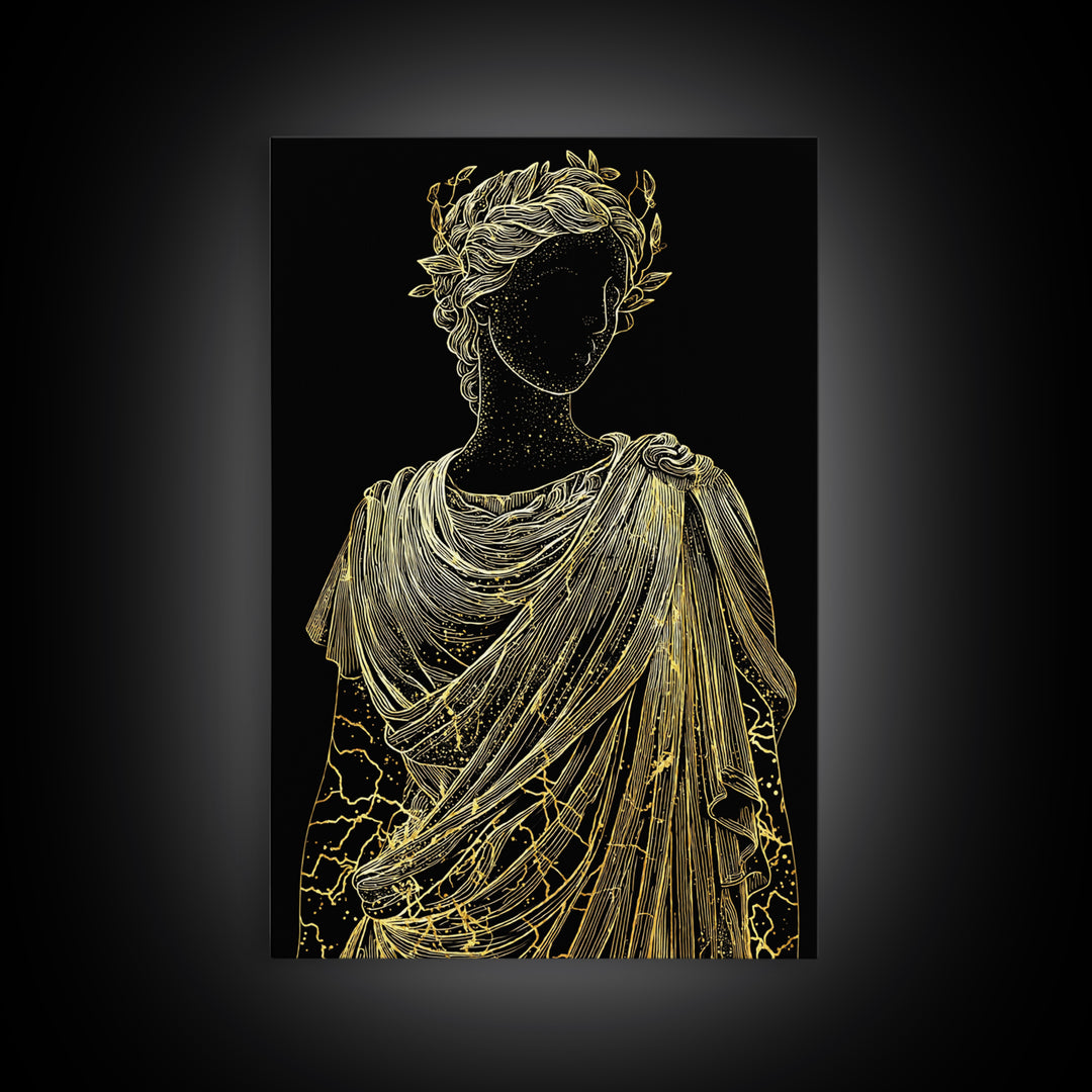 Divine Goddess Bust Canvas Gold Canvas Print, Ethereal Greek Statue Art, Elegant Classical Wall Decor, Real Wood Frame
