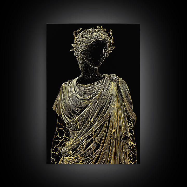 Divine Goddess Bust Canvas Gold Canvas Print, Ethereal Greek Statue Art, Elegant Classical Wall Decor, Real Wood Frame