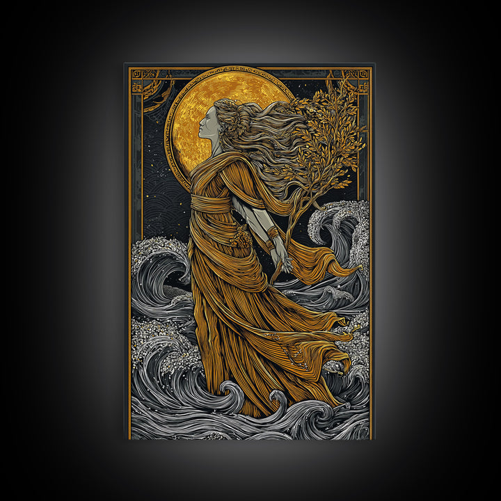 Moonlit Goddess Canvas Gold Canvas Print, Flowing Mythology Wall Art, Timeless Greek Fantasy Decor, Real Wood Frame