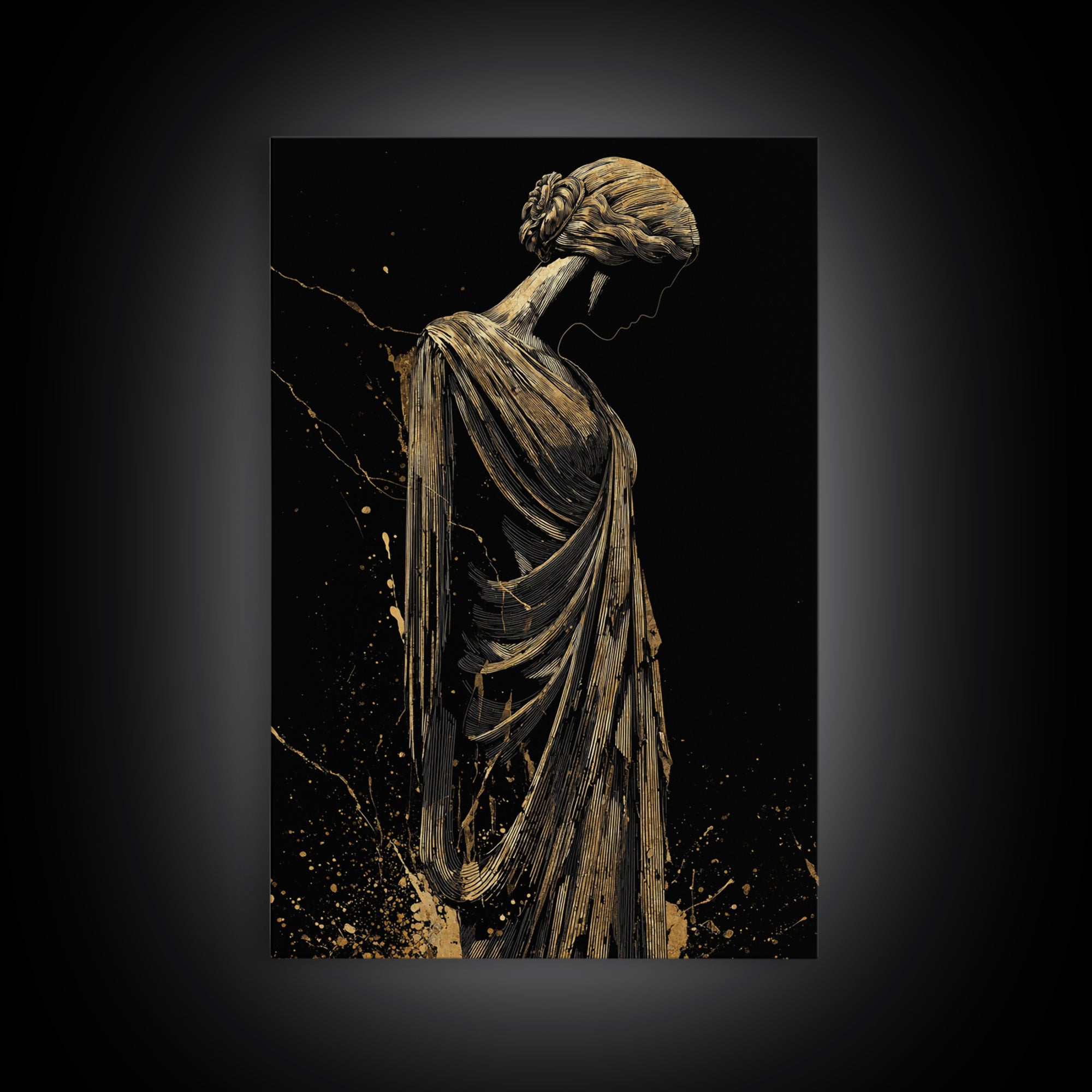 Grecian Muse Silhouette Canvas Gold Canvas Print, Elegant Greek Goddess Art, Minimalist Luxury Wall Decor, Real Wood Frame
