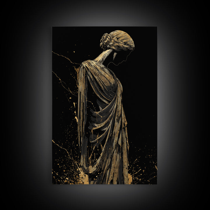 Grecian Muse Silhouette Canvas Gold Canvas Print, Elegant Greek Goddess Art, Minimalist Luxury Wall Decor, Real Wood Frame
