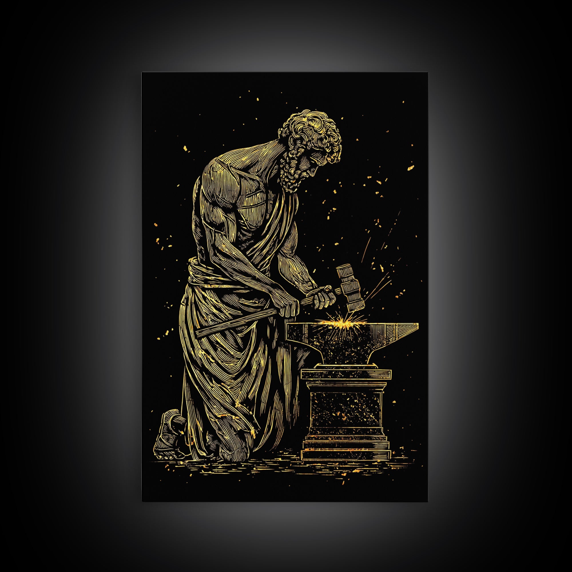 Hephaestus At Forge Canvas Gold Canvas Print, Greek God Blacksmith Art, Strong Mythology Wall Decor, Real Wood Frame