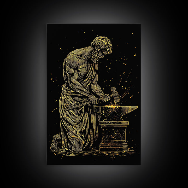 Hephaestus At Forge Canvas Gold Canvas Print, Greek God Blacksmith Art, Strong Mythology Wall Decor, Real Wood Frame