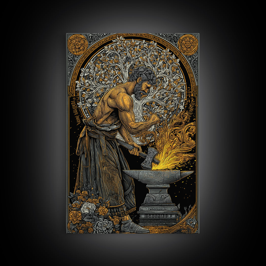 Mythical Forge Master Canvas Gold Canvas Print, Ancient Greek Hephaestus Art, Dramatic Mythology Wall Decor, Real Wood Frame