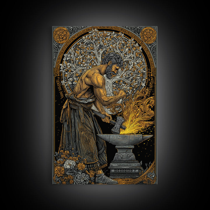 Mythical Forge Master Canvas Gold Canvas Print, Ancient Greek Hephaestus Art, Dramatic Mythology Wall Decor, Real Wood Frame