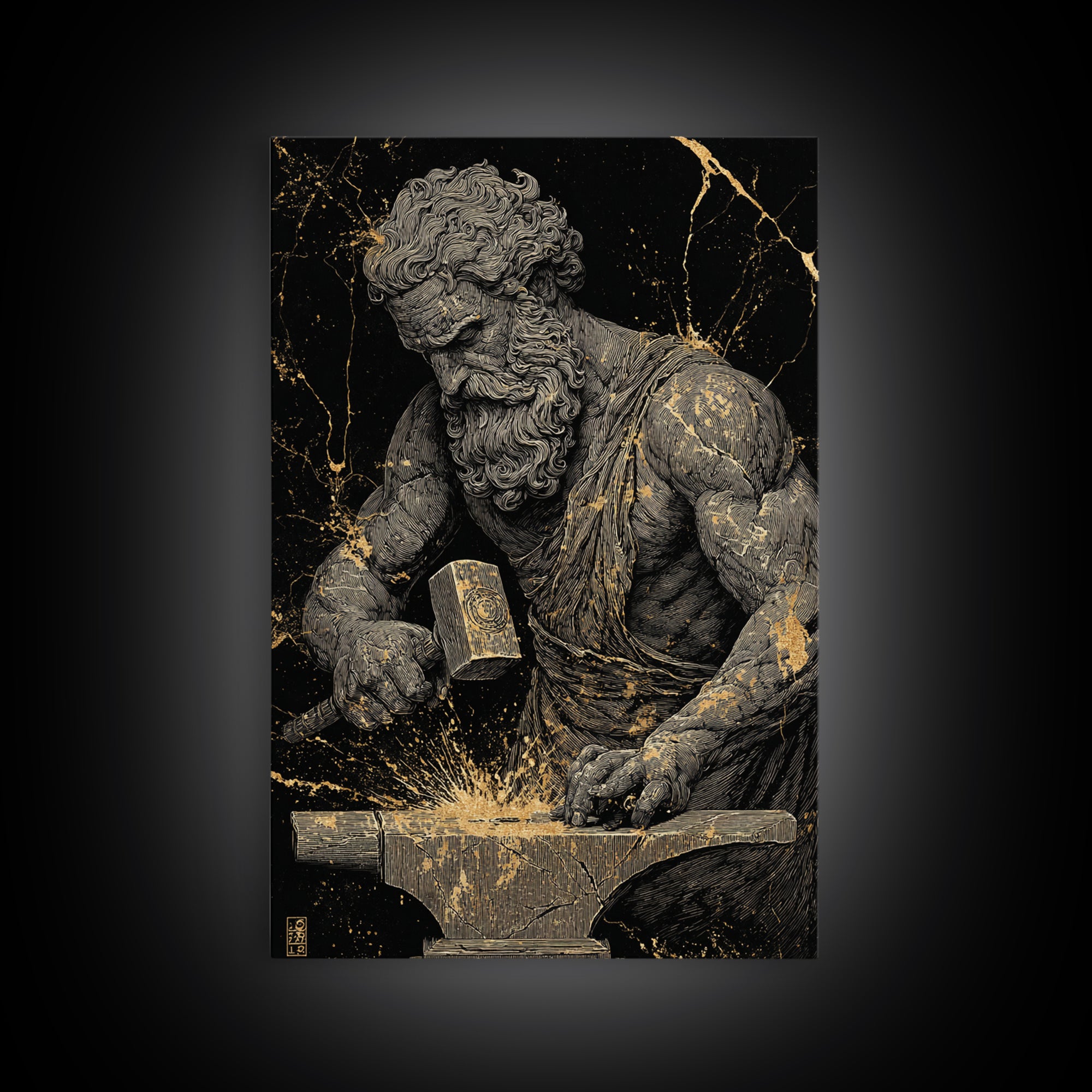Greek God At Anvil Canvas Gold Canvas Print, Mythological Hephaestus Art, Classic Blacksmith Wall Decor, Real Wood Frame