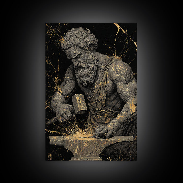 Greek God At Anvil Canvas Gold Canvas Print, Mythological Hephaestus Art, Classic Blacksmith Wall Decor, Real Wood Frame