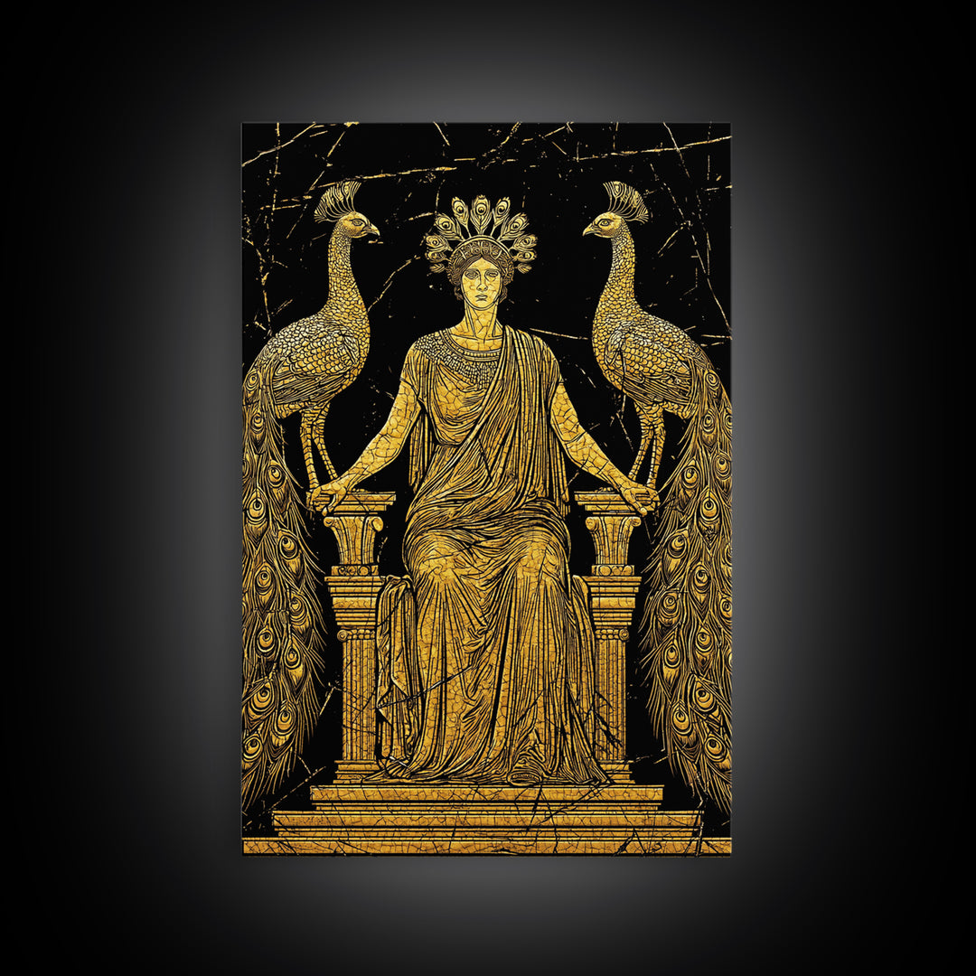 Greek Goddess Hera With Peacocks Canvas Gold Canvas Print, Mythology Wall Art, Luxury Wood Framed Art Decor