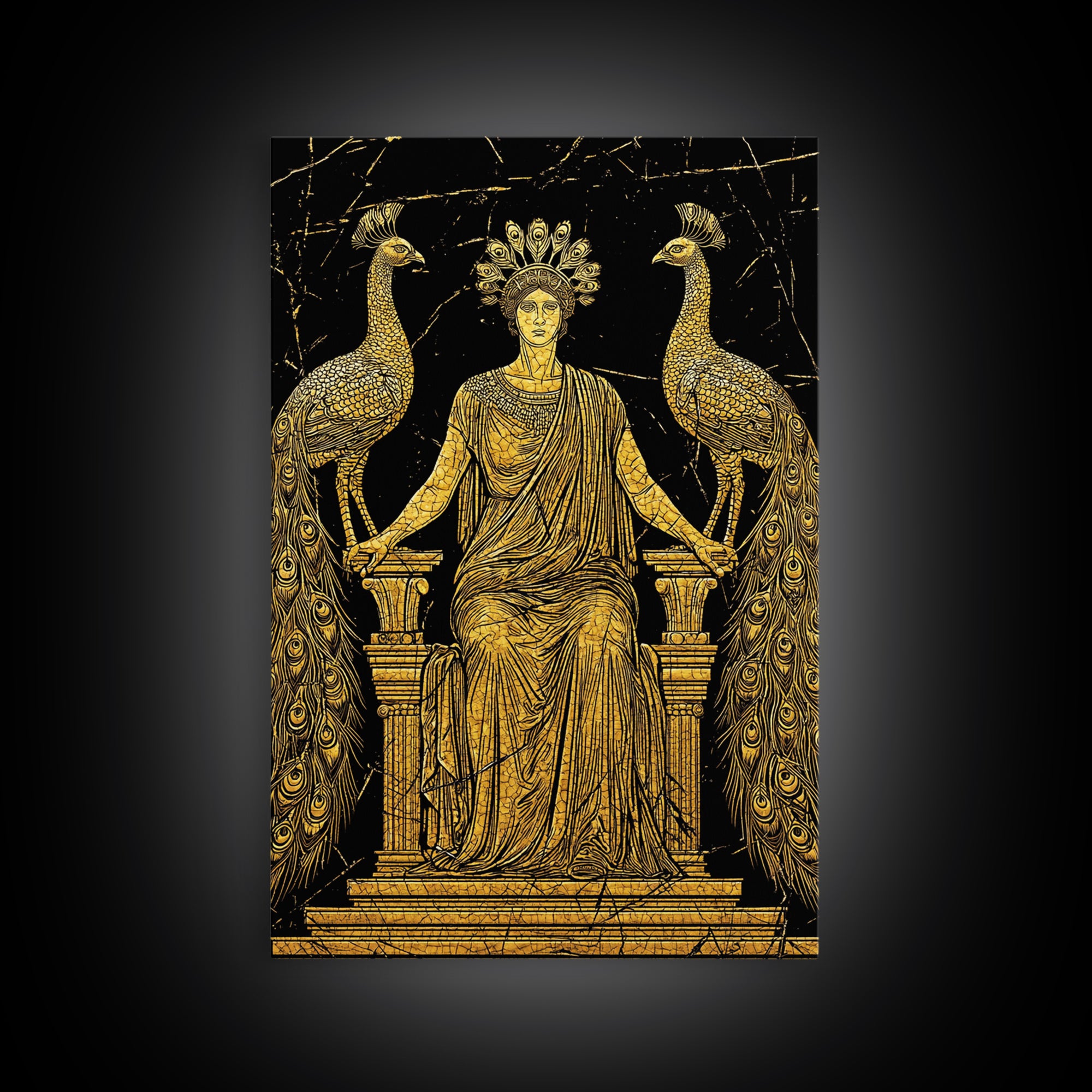 Greek Goddess Hera With Peacocks Canvas Gold Canvas Print, Mythology Wall Art, Luxury Wood Framed Art Decor