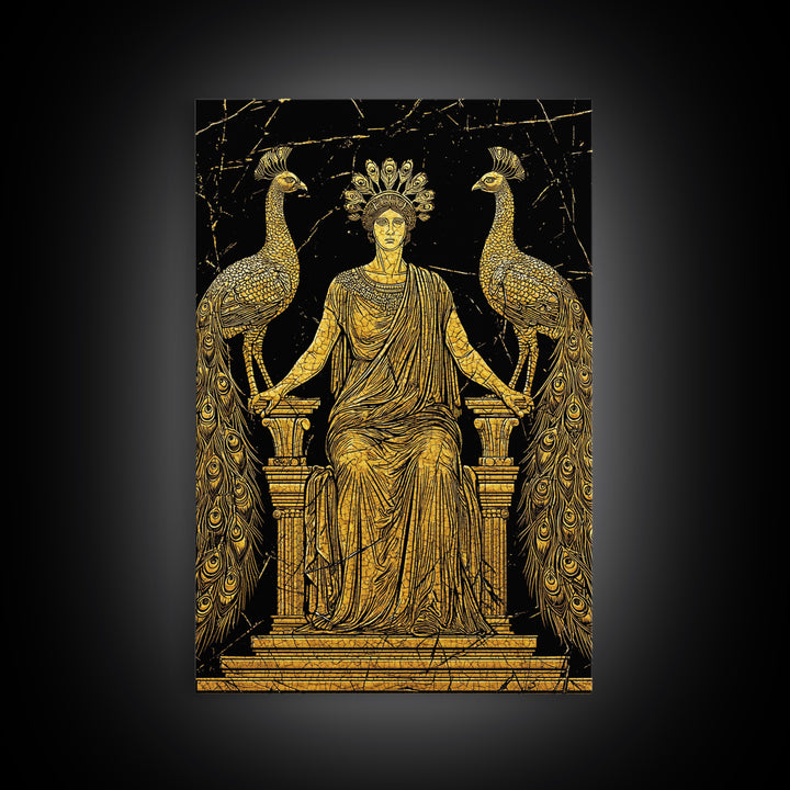 Greek Goddess Hera With Peacocks Canvas Gold Canvas Print, Mythology Wall Art, Luxury Wood Framed Art Decor