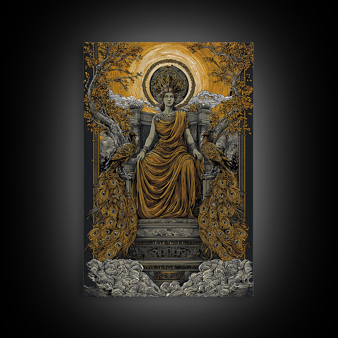 Divine Queen Hera Canvas Gold Canvas Print, Greek Goddess Wall Art, Regal Mythology Decor, Real Wood Frame Artwork
