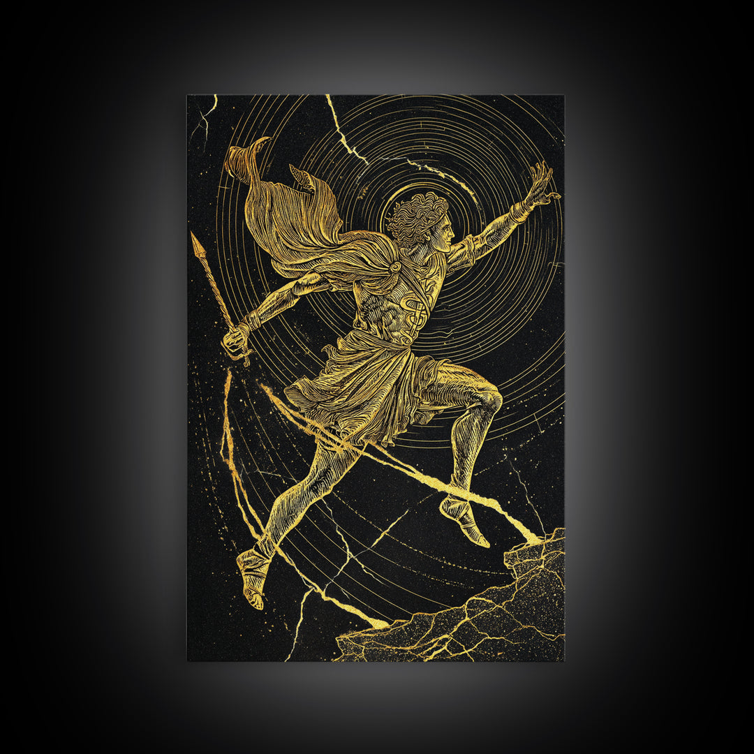 Hermes Running With Caduceus Canvas Gold Canvas Print, Greek God Art, Mythology Wall Decor, Luxury Wood Framed Print