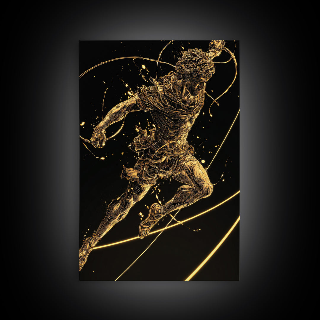 Hermes Leaping Canvas Gold Canvas Print, Greek God Wall Art, Divine Mythology Inspired Decor, Luxury Wood Framed Art