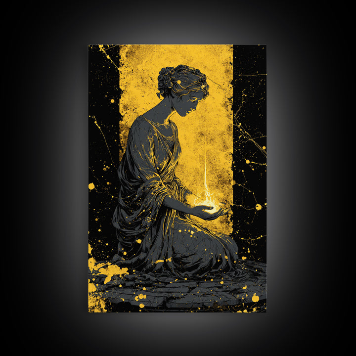 Greek Goddess Hestia With Flame Canvas Gold Canvas Print, Ancient Mythology Wall Art, Real Wood Frame Home Decor