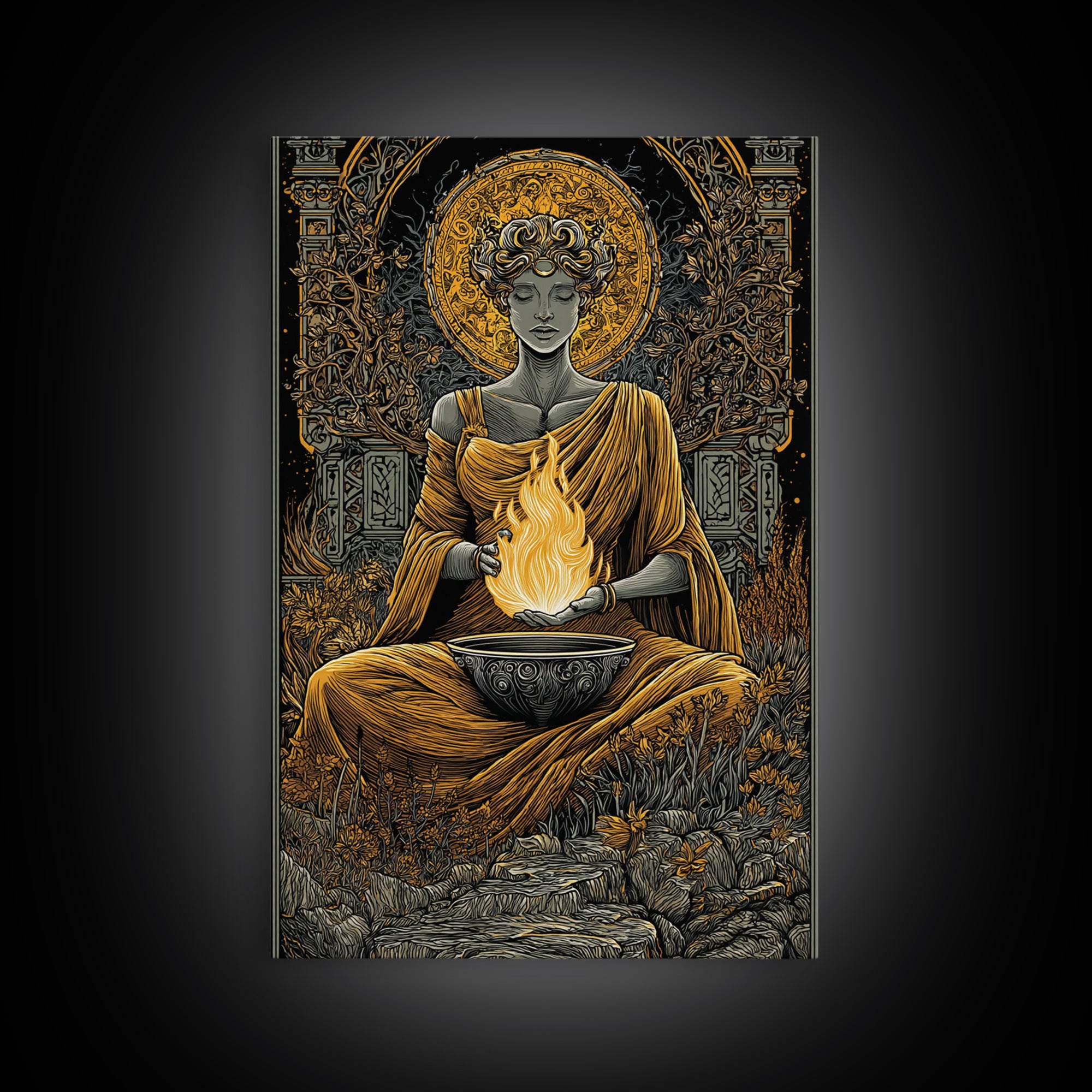 Hestia Goddess Of The Hearth Canvas Gold Canvas Print, Divine Fire Wall Art, Mythology Inspired Decor, Wood Frame Print