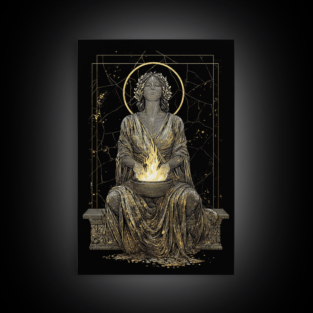 Sacred Flame Hestia Canvas Gold Canvas Print, Greek Goddess Wall Art, Ancient Mythology Decor, Luxury Wood Frame Artwork
