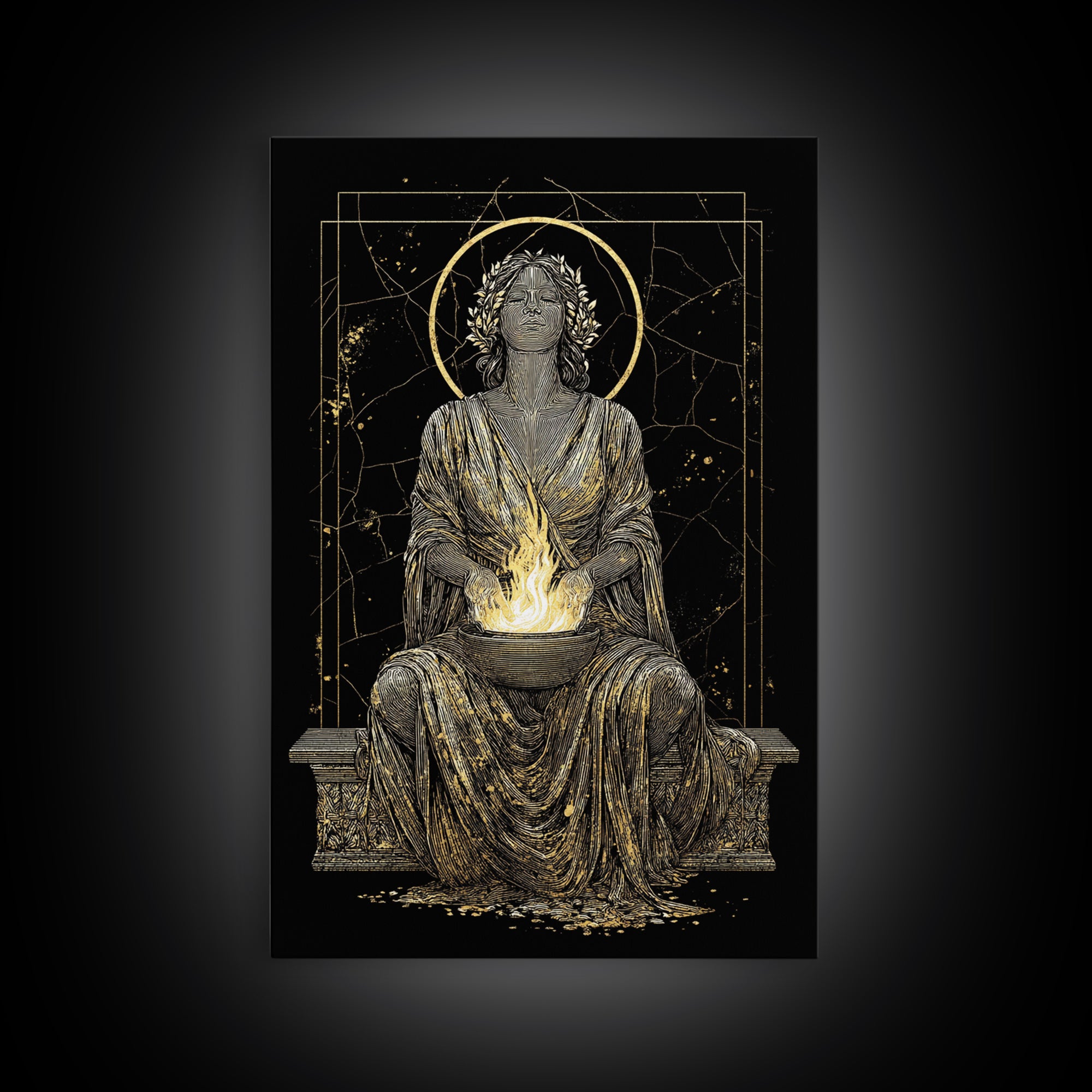 Sacred Flame Hestia Canvas Gold Canvas Print, Greek Goddess Wall Art, Ancient Mythology Decor, Luxury Wood Frame Artwork