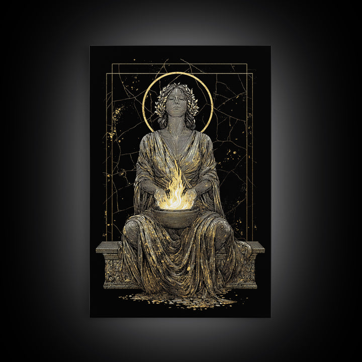 Sacred Flame Hestia Canvas Gold Canvas Print, Greek Goddess Wall Art, Ancient Mythology Decor, Luxury Wood Frame Artwork