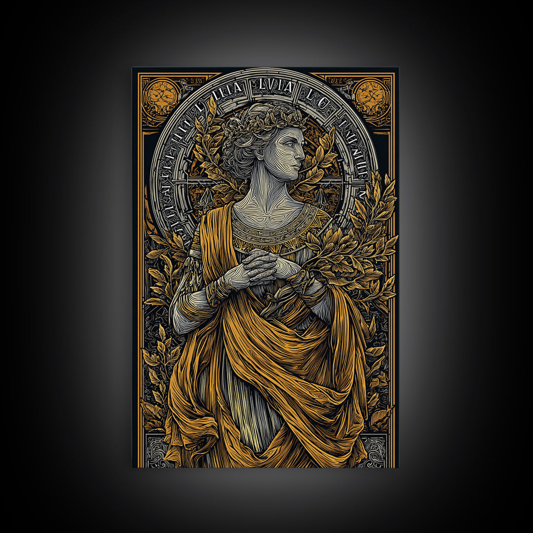 Greek Goddess Hestia With Fire Bowl, Mythology Canvas Gold Canvas Print, Ancient Goddess Wall Art, Real Wood Frame