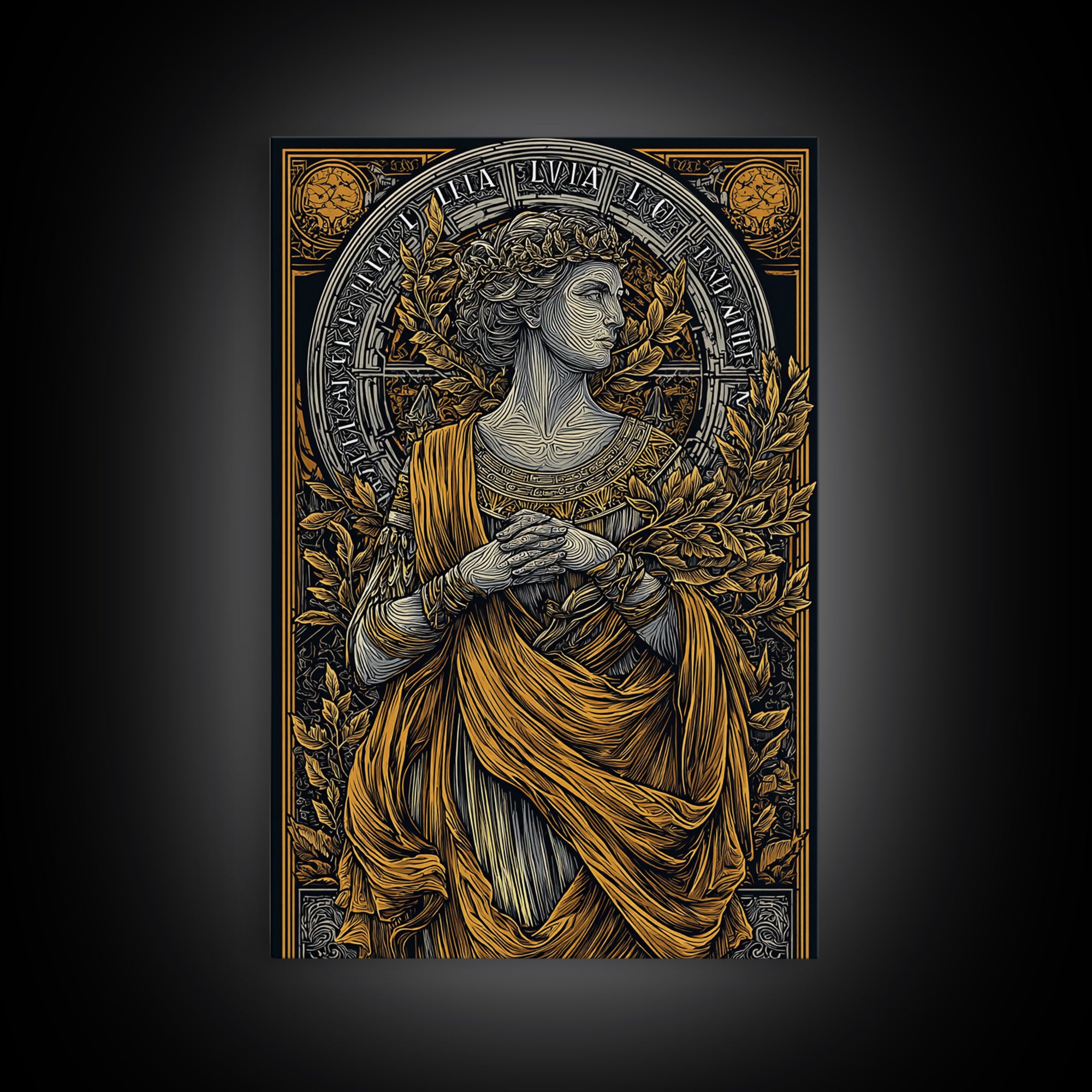 Greek Goddess Hestia With Fire Bowl, Mythology Canvas Gold Canvas Print, Ancient Goddess Wall Art, Real Wood Frame
