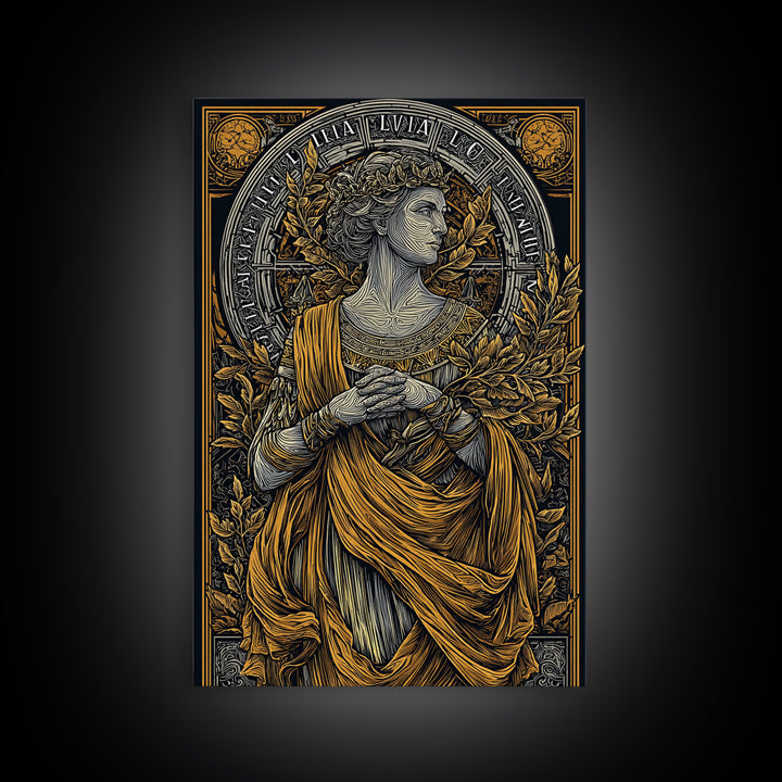Greek Goddess Hestia With Fire Bowl, Mythology Canvas Gold Canvas Print, Ancient Goddess Wall Art, Real Wood Frame