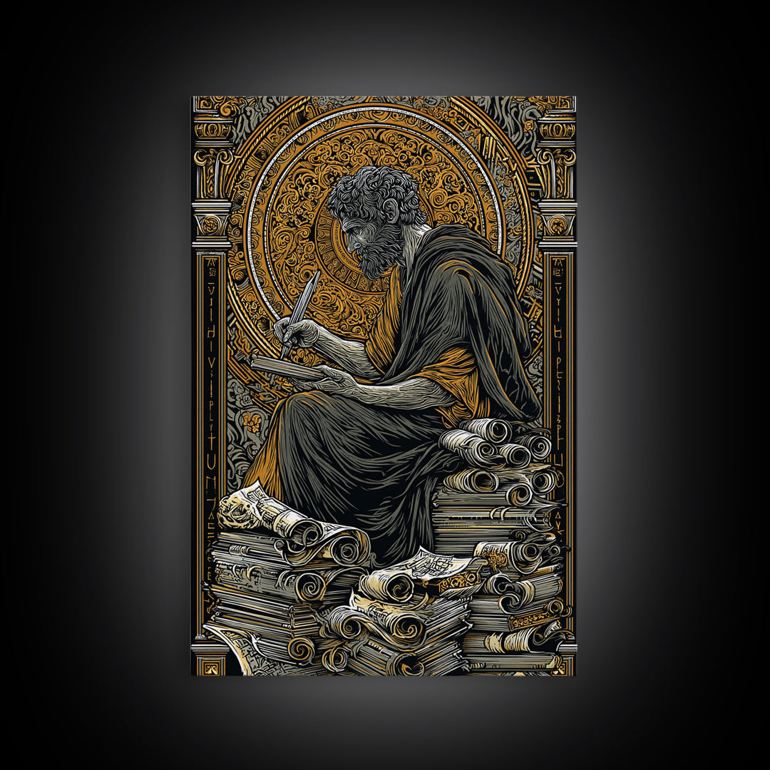 Canvas Gold Canvas Print, Ancient Philosopher Writing Art, Greek Scholar Wall Decor, Mythology Artwork, Real Wood Frame