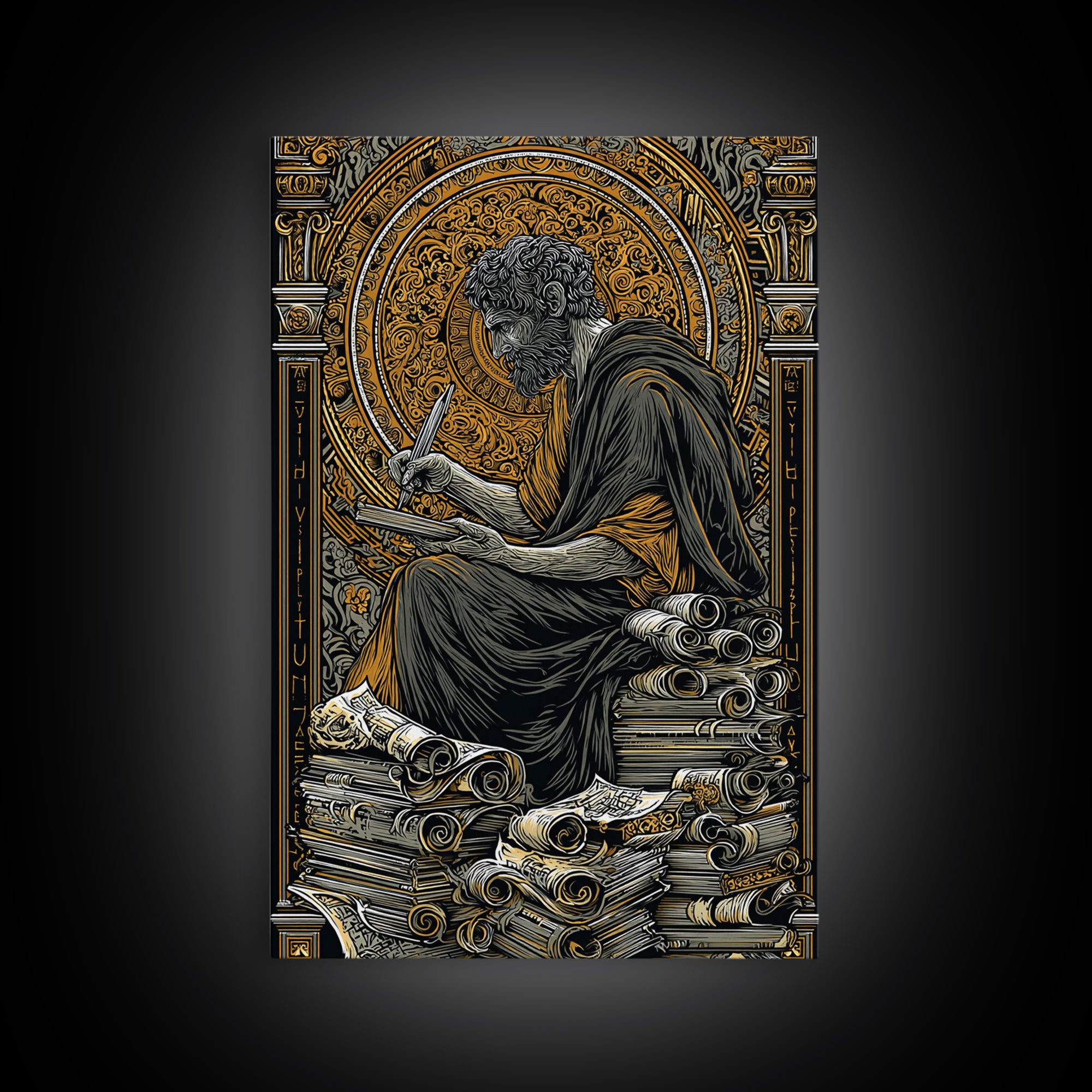 Canvas Gold Canvas Print, Ancient Philosopher Writing Art, Greek Scholar Wall Decor, Mythology Artwork, Real Wood Frame