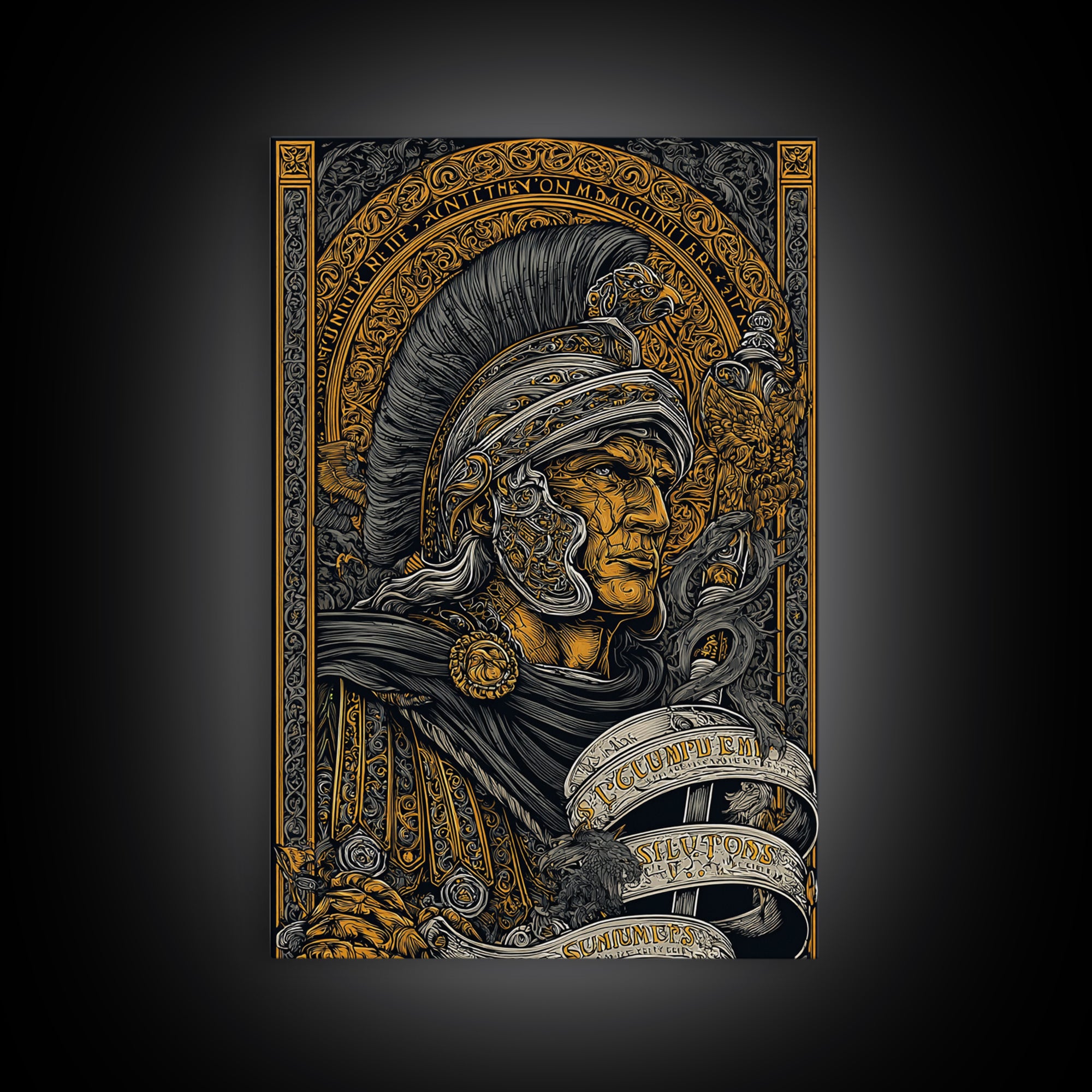 Canvas Gold Canvas Print, Warrior Helmet Roman Soldier Art, Ancient Military Wall Decor, Classical Artwork, Real Wood Frame