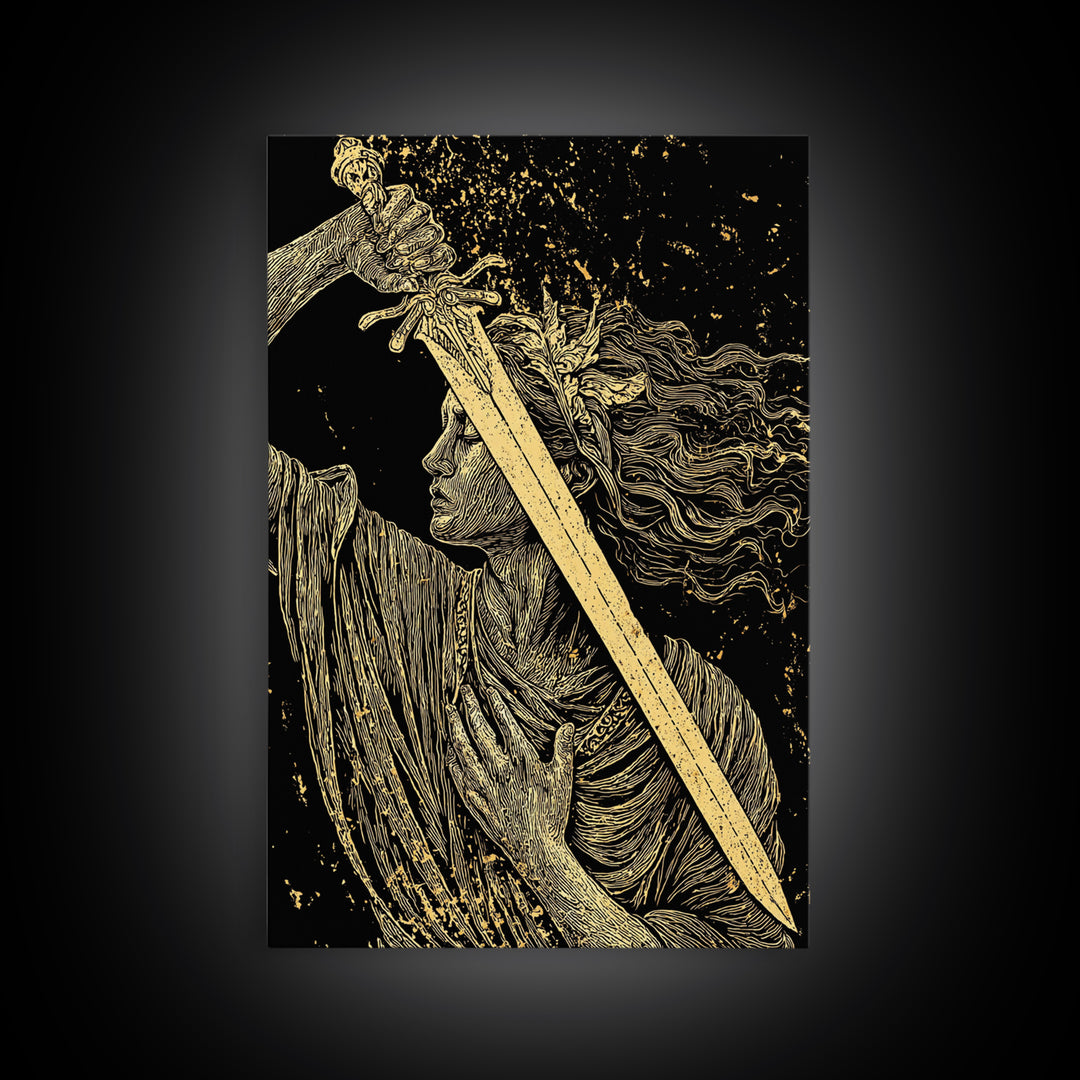 Canvas Gold Canvas Print, Goddess With Sword Art, Greek Mythology Warrior Wall Decor, Divine Strength Artwork, Real Wood Frame