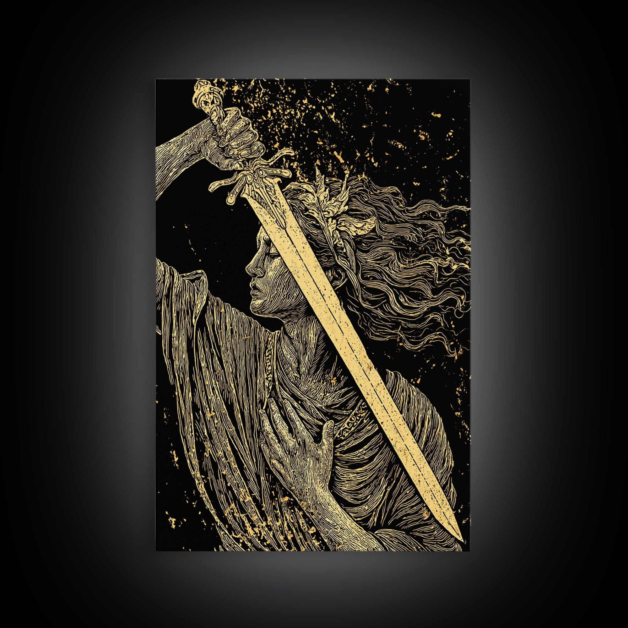 Canvas Gold Canvas Print, Goddess With Sword Art, Greek Mythology Warrior Wall Decor, Divine Strength Artwork, Real Wood Frame
