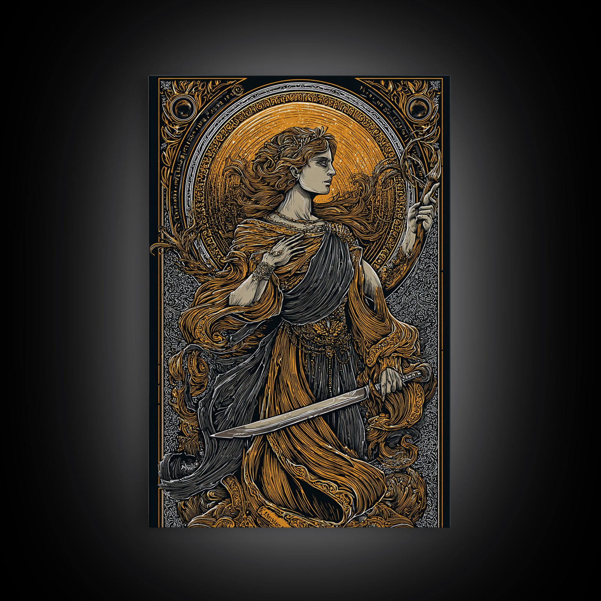 Canvas Gold Canvas Print, Mythical Goddess With Sword Art, Ancient Deity Wall Decor, Divine Feminine Strength Artwork, Real Wood Frame