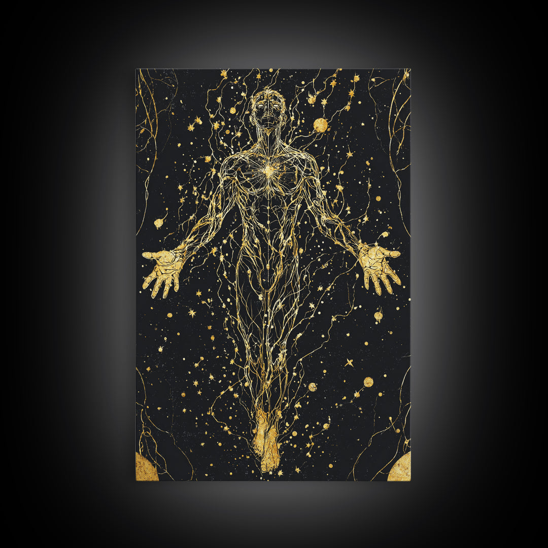 Canvas Gold Canvas Print, Cosmic Human Energy Lines Art, Spiritual Awakening Wall Decor, Astral Mythology Artwork, Real Wood Frame